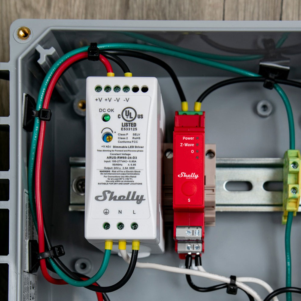 Shelly Wave Pro 1PM. Professional 1-channel DIN rail Z-Wave smart relay switch up to 16A with power metering. LAN connection