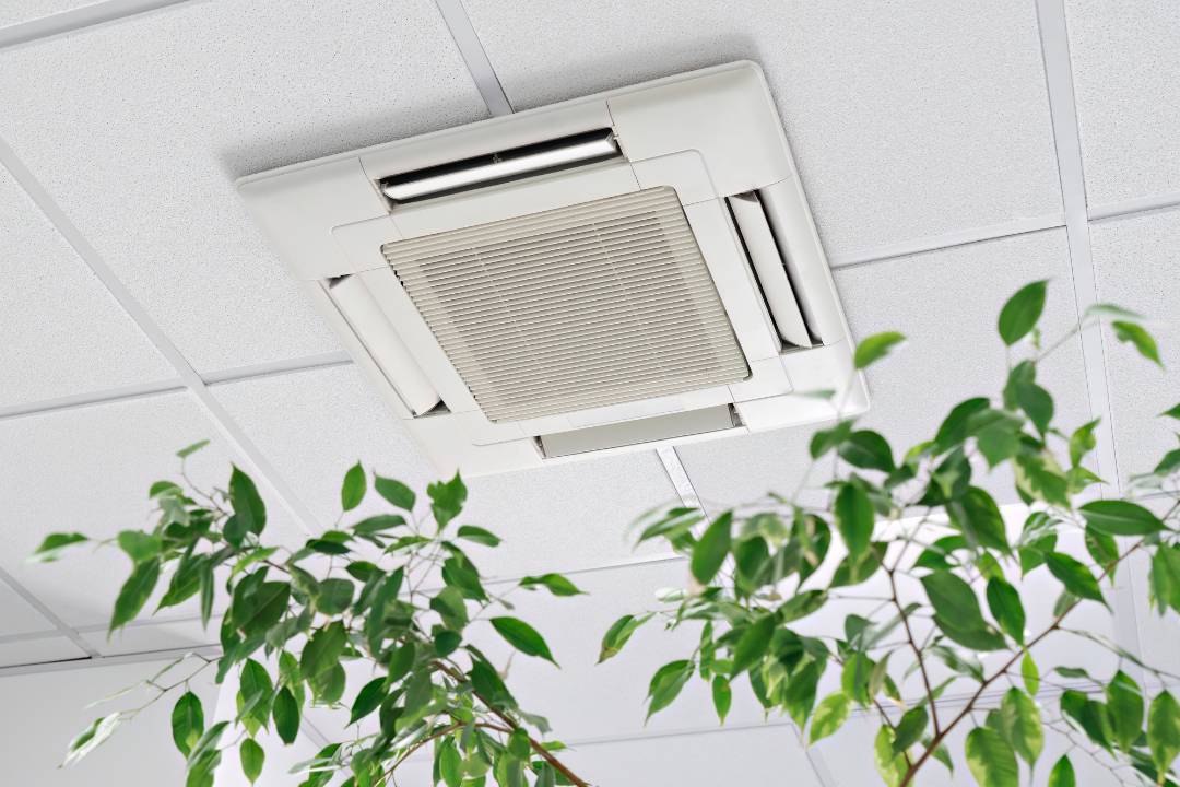 air conditioning on roof with plants around