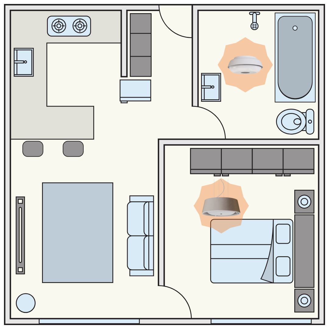 Floor plan of an apartment with a lamp in the bedroom and another in the bathroom.