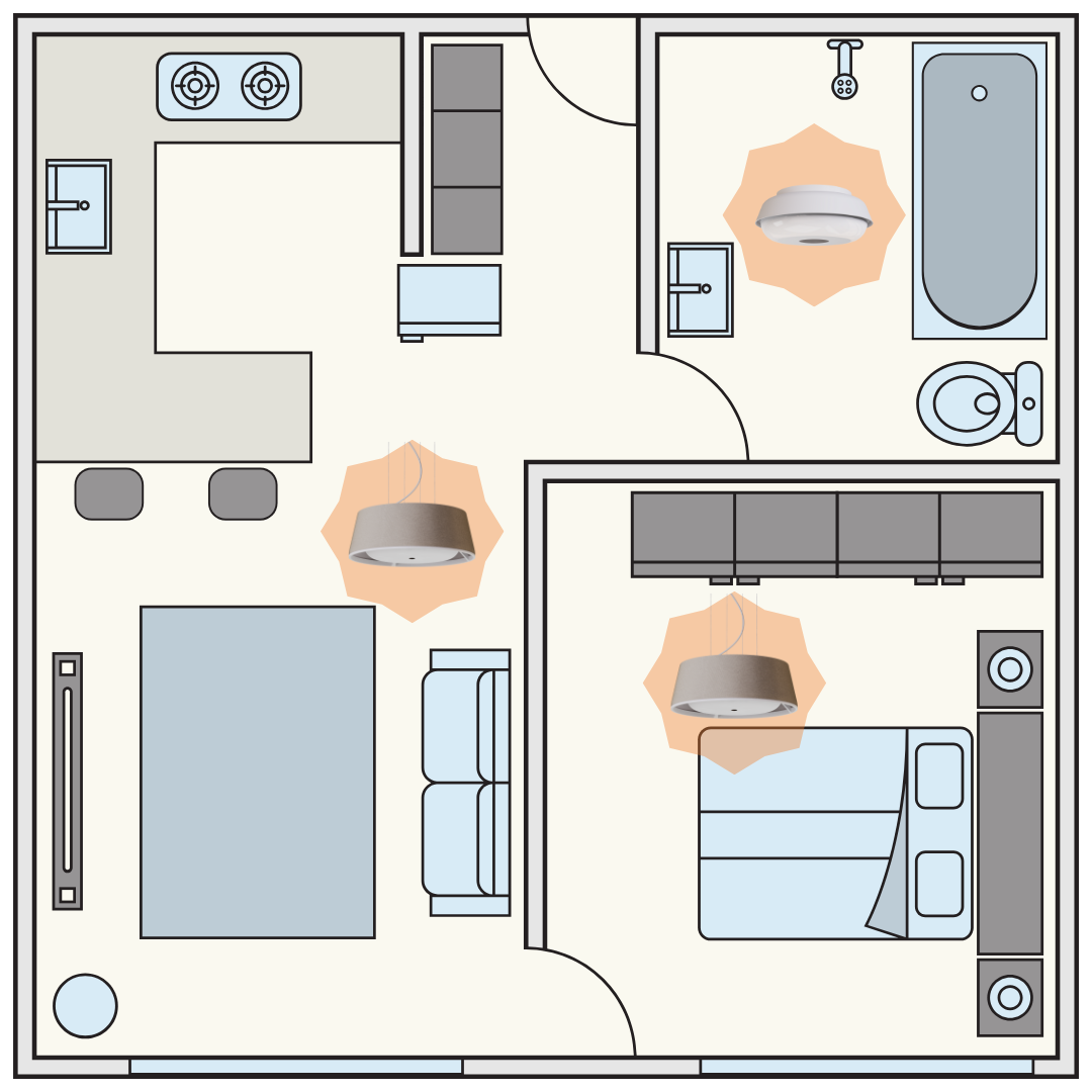 Floor plan of an apartment with a lamp in the bedroom, one in the bathroom and another in the living room