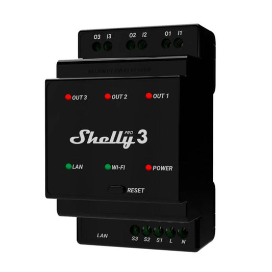 Shelly Pro 3. Relé inteligente profesional de 3 canales en carril DIN hasta 48A con conexión Wi-Fi, LAN y Bluetooth