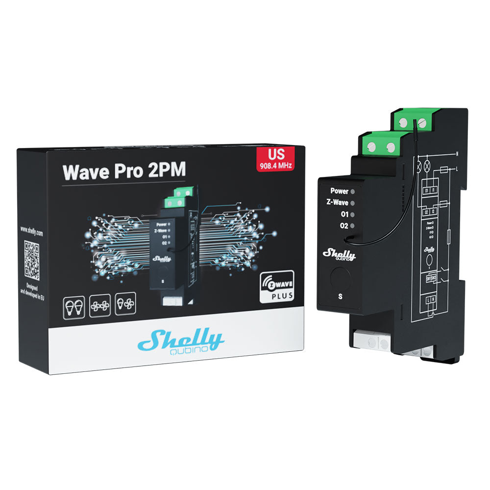 Shelly Wave Pro 2PM. Professional 2-channels DIN rail Z-Wave smart relay up to 25A with power metering. LAN connection