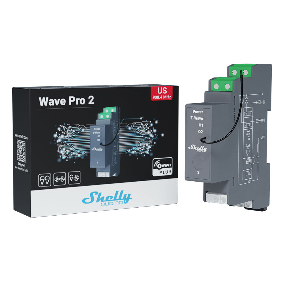 Shelly Wave Pro 2. Professional 2-channels DIN rail Z-Wave smart relay switch up to 25A. LAN connection