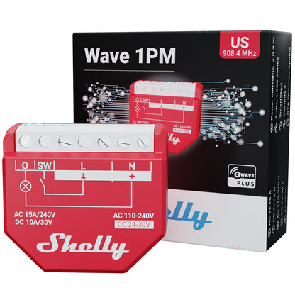 Shelly Wave 1 PM UL. Z-Wave operated smart relay switch, 1 channel 15A, with Power Metering