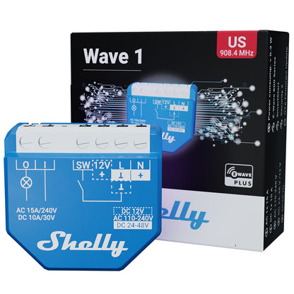 Shelly Wave 1 UL. Z-Wave operated smart relay switch, 1 channel 15A, with dry contacts