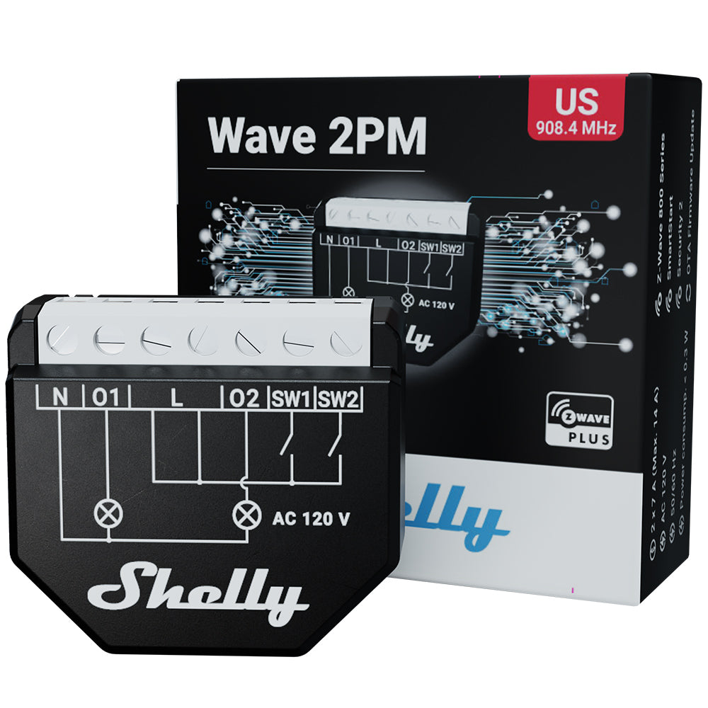 Shelly Wave 2PM UL. One-phase, two channel Z-Wave smart relay with power consumption.