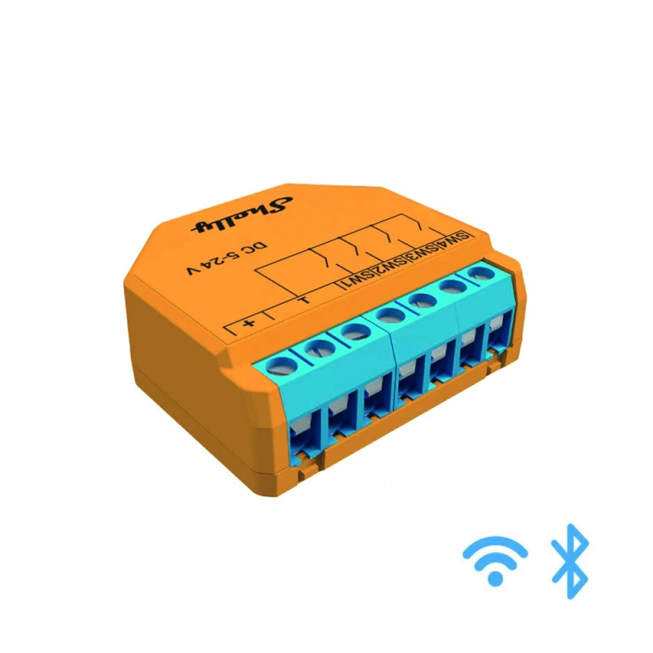 Shelly Plus I4 DC. Wi-Fi operated DC 4 digital inputs controller for Smart Scenes and enhanced actions control.